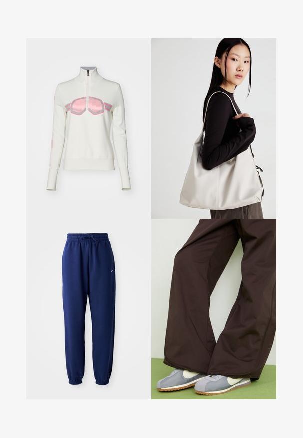 Bogner Fire + Ice AZRA3 - Strickpullover - light chalk; Dunkelblaue Sweatpants aus weichem Material, mit einem elastischen Bund und Kordelzug, elastischen Bündchen und einem kleinen weißen Logo.; Braune weite Hosen mit glatter Textur und seitlichen Nähten, kombiniert mit grau-weißen Sneakers im Retro-Stil mit einer Gummisohle.; Beige Handtasche aus weichem Material, mit einem lässigen Design, gesteppten Details und zwei Schulterriemen. Geeignet für den täglichen Gebrauch.