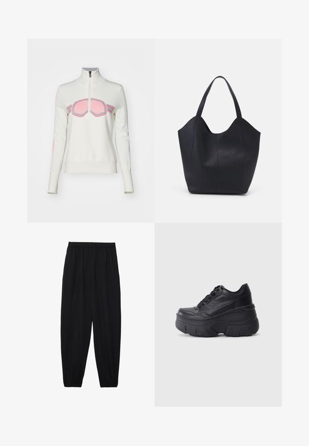 Bogner Fire + Ice AZRA3 - Svetr - light chalk; Černé, lehké kalhoty s elastickým pasem a nařasenými kotníky. Tkanina je hladká a má uvolněný, zúžený design.; Černé šněrovací tenisky s robustní podrážkou, s hladkým koženým svrškem, zaoblenou špičkou a výrazným vrstveným designem platformy.; Černá taška přes rameno vyrobená z hladké kůže, s zakřiveným, otevřeným vrchem a dvěma ramenními popruhy, s minimalistickým designem.