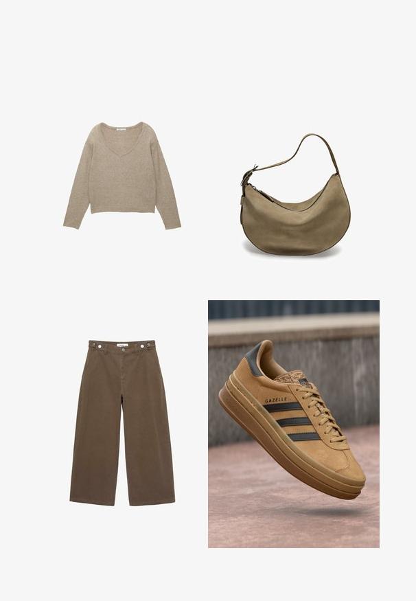 Maglione a V in beige chiaro, caratterizzato da maniche lunghe e un taglio cropped; realizzato in tessuto morbido e testurizzato con una vestibilità comoda.; Pantaloni larghi marroni realizzati in un tessuto resistente. Presentano due tasche frontali, chiusura con bottone e una vestibilità comoda con una texture liscia.; Sneakers in camoscio beige con texture liscia, caratterizzati da tre strisce scure, punta arrotondata e suola più spessa con un bordo decorato.; Borsa hobo in suede marrone con forma curva, tracolla singola, chiusura con zip e superficie liscia. Design semplice con dettagli hardware minimi.