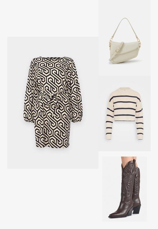 Pulover scurt de culoare crem, cu dungi orizontale bleumarin, având o textură ribbed, decolteu rotund și mâneci lungi.; Rochie cu un model geometric alb-negru, cu mâneci lungi tip balon, decolteu pătrat și curea legată la talie. Material texturat.; Bocanci de cowboy din piele maro, cu vârf ascuțit și toc pătrat, având cusături detaliate și accente ridicate pe tijă.; Geantă mică de crem cu un finisaj texturat, curea lungă și ajustabilă, accent cu lanț și închidere cu clapetă. Detalii din hardware aurie.