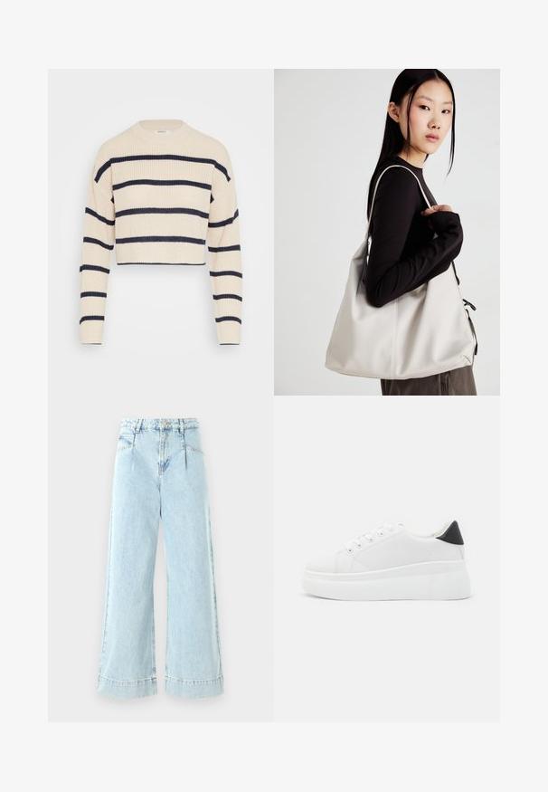 Maglione corto color crema con strisce orizzontali blu navy, caratterizzato da una texture a coste, scollo rotondo e maniche lunghe.; Jeans a gamba larga di colore blu chiaro in denim, con vita alta, tasche frontali e dettagli cuciti all'orlo.; Sneakers platform bianchi realizzati in materiale sintetico liscio, con punta arrotondata, design con lacci e suola in gomma texture. Accento nero nel tallone.; Borsa a mano beige realizzata in materiale morbido, caratterizzata da un design morbido, dettagli cuciti e due manici. Adatta per l'uso quotidiano.