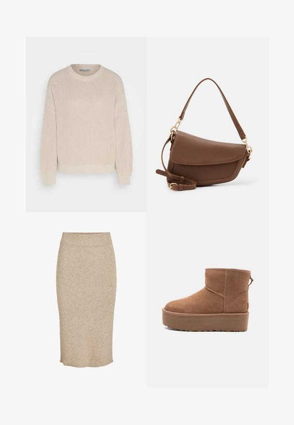 Anna Field Pulóver - grey; Világos bézs színű kötött szoknya függőleges bordázott mintával, térdig érő, rugalmas derékkal és egyenes szabással.; Barna suede bokacsizma platform talppal, lekerekített orral és varrás részletekkel; a hátsó részen húzófül található a könnyű felhúzás érdekében.; Barna bőr válltáska texturált felülettel, ívelt formával, aranyszínű fémrészekkel, állítható pánttal és fedélzárral.