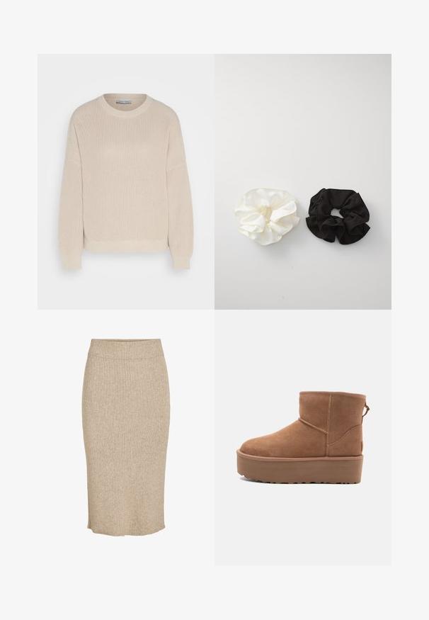 Anna Field Pulover - grey; Pletena krila v svetlo bež barvi z vertikalno rebrasto teksturo, do kolen, z elastičnim pasom in ravnim krojem.; Bela antilopova gležnjača s platformom, okruglim vrhom i dekorativnim šavovima; ima uvučenu petlju straga za lakše oblačenje.; Dva satenska gumica za lase, ena bela in ena črna, s potjo obliko in gladko teksturo, prikazana na enobarvni beli podlagi.