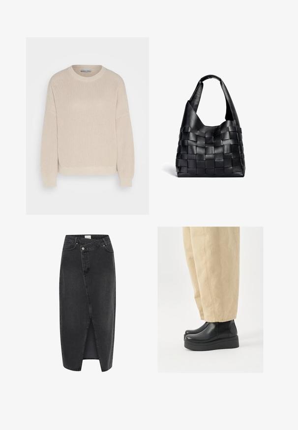 Anna Field Pulover - grey; Črna jeans midi krilo z razporkom spredaj, strukturirano prileganje in klasičnim pet-pocket dizajnom. Ima našitek in zadrgo.; Črne usnjene gležnjarje z zaobljenim nosom in platformo. Ujemajo se s bež širokimi hlačami, ki imajo vidne šive.; Črna usnjena torba za rame s pletenim vzorcem in ohlapno obliko ter širokim naramnim trakom. Ima teksturiran, prepleten dizajn s gladkim zaključkom.