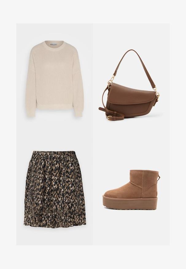 Anna Field Jumper - grey; Black skirt featuring a blurred abstract pattern in beige and brown. Elastic waistband, lightweight fabric, and knee-length design.; Tan suede ankle boot with a platform sole, rounded toe, and stitching accents; features a pull tab at the back for easy wear.; Brown leather shoulder bag with a textured finish, curved shape, gold-tone hardware, adjustable strap, and flap closure.