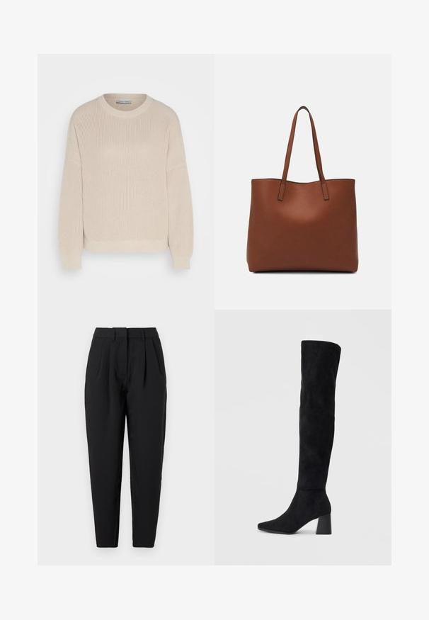Anna Field Džemper - grey; Mustad püksid sirge lõikega, millel on voldid ees, sile tekstuur ja küljehoiukotid. Vöökoht on standardkõrgus.; Must must ümberpööratud musta nahast põlve kõrgune saapad blokknõelaga, terava varbaga ja sujuva, õmblusteta disainiga, asetatud heledale taustale.; Pruun nahast tote-kott, millel on sile tekstuur, avatud ülaosa disain ja kaks õlarihma. Omab minimaalset õmblust ja nähtavat riistvara ei ole.
