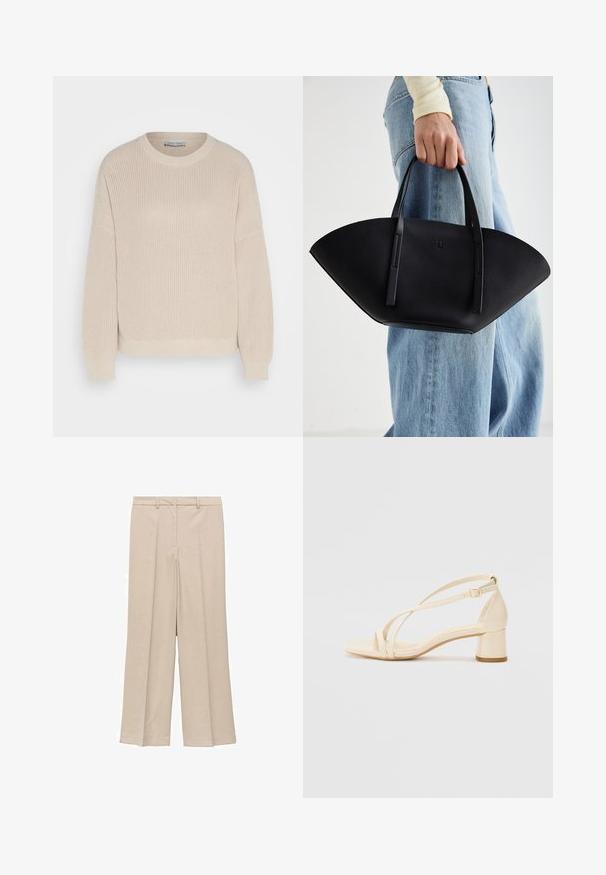 Anna Field Svetr - grey; Svetle béžové kalhoty širokého střihu s hladkým povrchem, zdobené skladbou na přední straně a postranními kapsami, s designem stahovaného pasu.; Béžové sandály na podpatku s blokovým podpatkem, s řemínkovým designem a nastavitelným kotníkovým páskem, vyrobené z hladkého syntetického materiálu s matným povrchem.; Černá kožená kabelka s jedinečným tvarováním ve tvaru vějíře, vybavená plochými uchy. Povrch má jemně zrnitou texturu a minimalistický design.