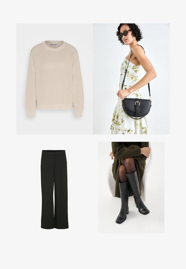 Anna Field Jersey de punto - grey; Pantalones negros de pierna ancha en una tela suave. Presenta un cierre de botón en la parte frontal y dos bolsillos laterales. Corte recto sin adornos.; Botas de cuero negro hasta la rodilla con puntera cuadrada y tacón de bloque, presentadas con un modelo sentado en un abrigo verde oliva. Textura suave, mínimo detalle.; Bolso de piel negra con forma curva, correa desmontable y herrajes dorados. El bolso cuenta con una solapa con un detalle de hebilla.