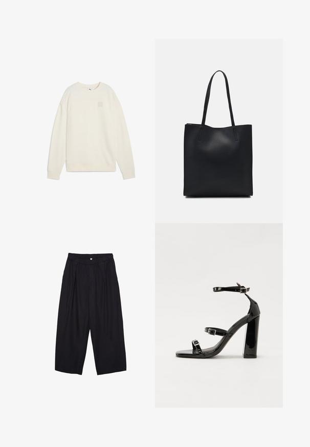 Krémový sweatshir z mäkkej textílie. Má okrúhly výstrih, dlhé rukávy a malú nášivku v štvorcovom tvare na hrudi.; Čierne polyesterové culotte nohavice s elastickým pásom, dvoma prednými záhybmi a voľným strihom. Žiadne viditeľné vzory ani detaily z kovu.; Čierne lakované sandále na podpätku so štvorcovou špičkou, navlečenými remienkami okolo členku a striebornými prackami. Disponujú masívnym blokovým podpätkom pre stabilitu.; Čierna kožená taška na rameno s hladkým povrchom, obdĺžnikovým tvarom a dvoma dlhými uchami. Bez viditeľného kovania alebo ozdôb.