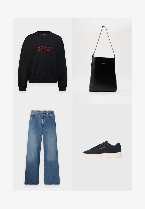 Black sweatshirt featuring red embroidered text "Every smile you fake," round neckline, long sleeves, and ribbed cuffs and hem.; Wide-leg blue denim jeans featuring a classic five-pocket design, front button closure, and slight fading for texture.; Navy blue suede low-top sneaker with white sole, navy laces, and "Filling Pieces" logo in gold on the side.; Black leather shoulder bag with a smooth texture, rectangular shape, and a long strap; features a small white logo at the center.