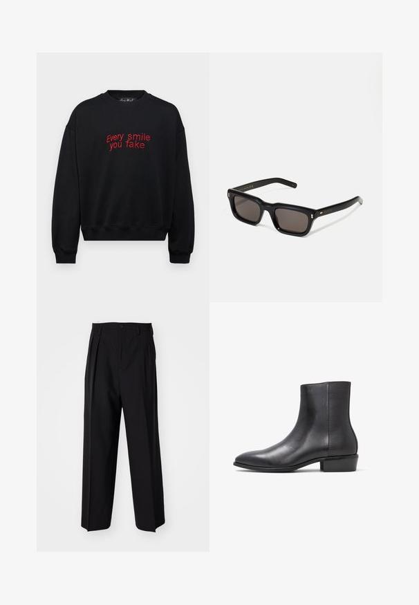 Czarny sweatshirt z czerwonym haftem z napisem "Każdy uśmiech, który udajesz", okrągły dekolt, długie rękawy oraz ściągacze przy mankietach i u dołu.; Czarne plisowane spodnie o prostym, szerokim kroju nogawek. Wykonane z gładkiego materiału, z zapięciem na guzik i pętelkami na pasek.; ALDO AMUR czarny; Czarne prostokątne okulary przeciwsłoneczne z ciemnymi soczewkami, grubą plastikową oprawą, złotymi akcentami na zausznikach oraz wygrawerowanym logo marki na ramieniu.