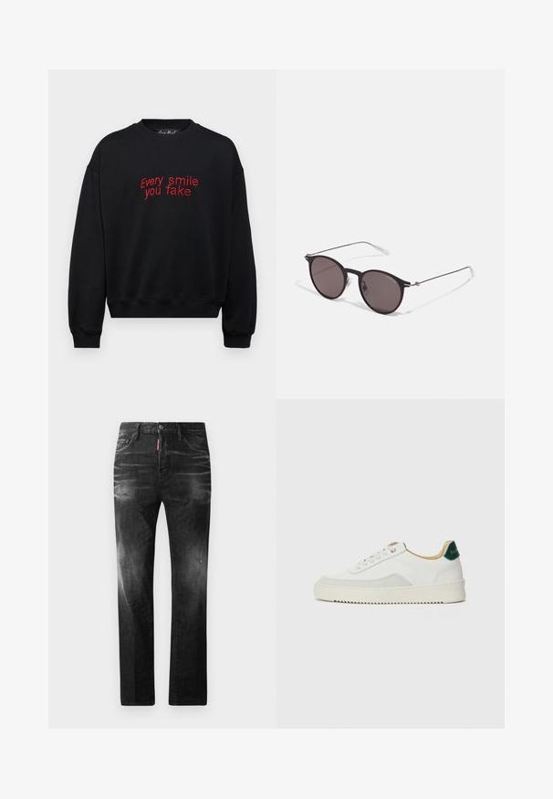 Black sweatshirt featuring red embroidered text "Every smile you fake," round neckline, long sleeves, and ribbed cuffs and hem.; Black denim jeans with a straight fit. Features faded areas, minor distressing, classic five-pocket design, and a button closure.; White sneaker with suede accents, rounded toe, flat laces, and a cream rubber sole. Features green branding on the heel.; Black round sunglasses with dark lenses and slim metal arms. Includes clear temple tips and silver accents at the hinge. Minimalist design.