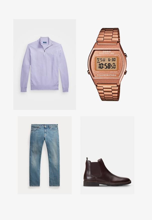 Pullover de malha lilás claro com fecho de meia zíper, punhos e bainha canelados; apresenta um pequeno logótipo no peito.; Jeans de denim azul claro com corte reto, fecho de botão, cinco bolsos, desbotamento subtil epontos de costura.; Bota Chelsea de couro castanho com painéis laterais elásticos e um puxador. O bico arredondado e os detalhes costurados na sola adicionam textura e design.; Relógio digital Casio com pulseira metálica dourada rosada, caixa retangular, ecrã iluminado e resistência à água, mostrando a hora e a data.