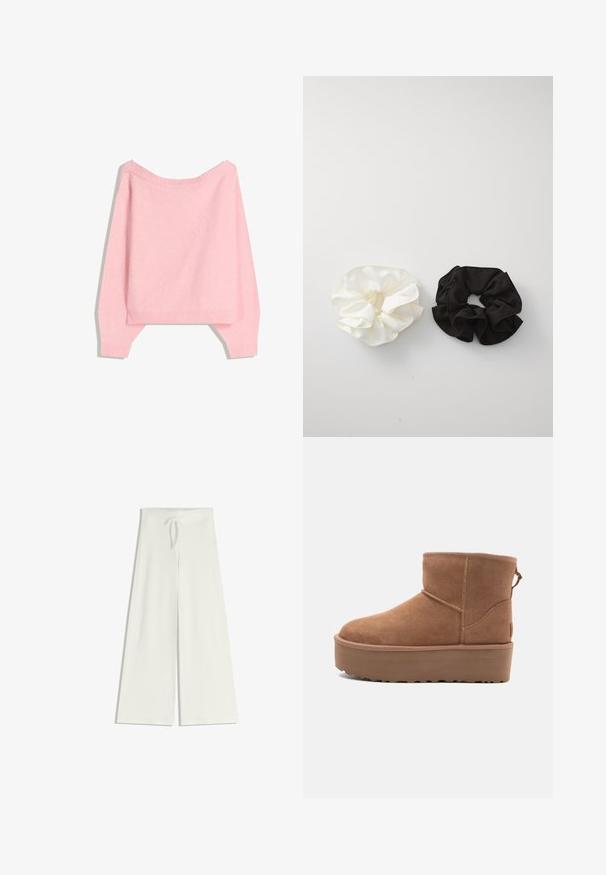 Rózsaszín, nagyméretű pulóver, puha anyagból készült, széles bordázott nyakkal és mandzsettákkal, laza szabású és cropped fazonú.; Széles szárú, fehér nadrág, puha kötött anyagból készült, rugalmas derékkal és állítható zsinórral a kényelmes illeszkedés érdekében. Sima felszín, minta nélkül.; Barna suede bokacsizma platform talppal, lekerekített orral és varrás részletekkel; a hátsó részen húzófül található a könnyű felhúzás érdekében.; Két selyem hajgumi, egy fehér és egy fekete, fodros kialakítással és sima textúrával, egy sima fehér háttér előtt bemutatva.