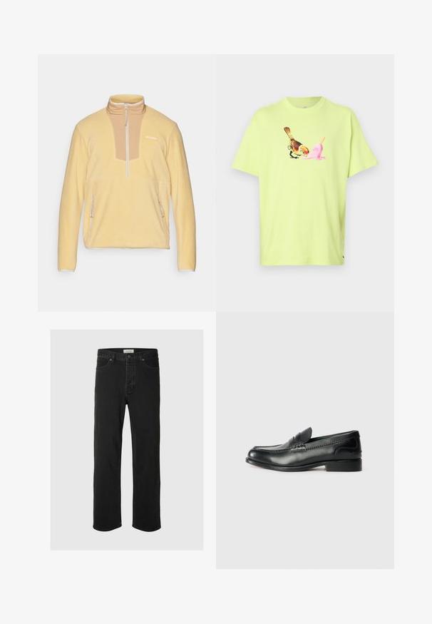Gelber Fleece-Pullover mit hohem Kragen, halbem Reißverschluss und beiger Paneel-Detail auf der Brust. Verfügt über zwei seitliche Reißverschlusstaschen.; Limegrünes Baumwoll-T-Shirt mit einem grafischen Druck eines Vogels und einer pinken Eistüte, mit einem einfachen Rundhalsausschnitt und kurzen Ärmeln.; Schwarze Denim-Jeans im Straight-Leg-Schnitt verfügen über ein klassisches Fünf-Taschen-Design mit Knopfverschluss, minimaler Naht und einer weichen Textur.; Schwarze Lederloafers mit glatter Oberfläche, gesteppten Details über dem Vorderblatt und einem leicht erhöhten Absatz.