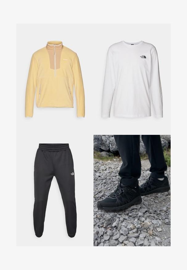 Gelber Fleece-Pullover mit hohem Kragen, halbem Reißverschluss und beiger Paneel-Detail auf der Brust. Verfügt über zwei seitliche Reißverschlusstaschen.; Weißes langärmliges T-Shirt aus Baumwolle mit Rundhalsausschnitt. Verfügt über ein kleines schwarzes Logo auf der Brust. Glatte Textur, reguläre Passform.; Schwarze Jogginghose mit verstellbarem Bund, schlanker Passform, elastischen Bündchen und einem kleinen weißen Logo am linken Oberschenkel, hergestellt aus glattem Stoff.; Schwarze Outdoor-Schuhe aus Mesh und synthetischem Material, mit einer strukturierten Oberseite, gesichertem Schnürsystem und griffiger Laufsohle, auf felsigem Gelände.