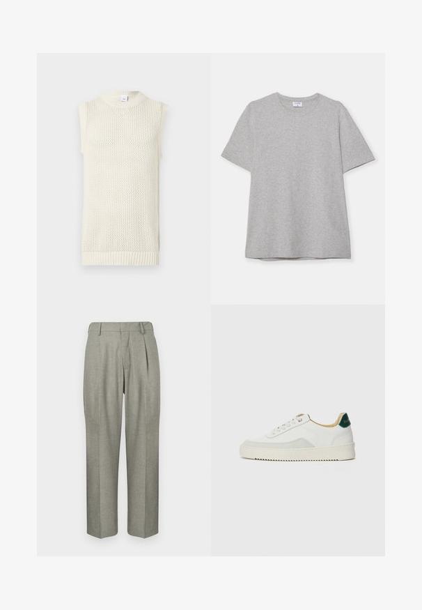 Krämfärgad ärmlös stickad topp med en texturerad meshdesign och ribbad nederkant. Har en hög krage och en avslappnad silhuett.; Grå t-shirt med kort ärm gjord av mjukt, texturerat tyg. Har en klassisk rund halsringning och en rak nederkant, lämplig för avslappnad klädsel.; Ljusgrå byxor i ett strukturerat tyg. Har en rak bendesign, veck framtill och en platt midja.; Vit sneaker med mockadetaljer, rund tå, platta snören och en krämfärgad gummisula. Har grön branding på hälen.