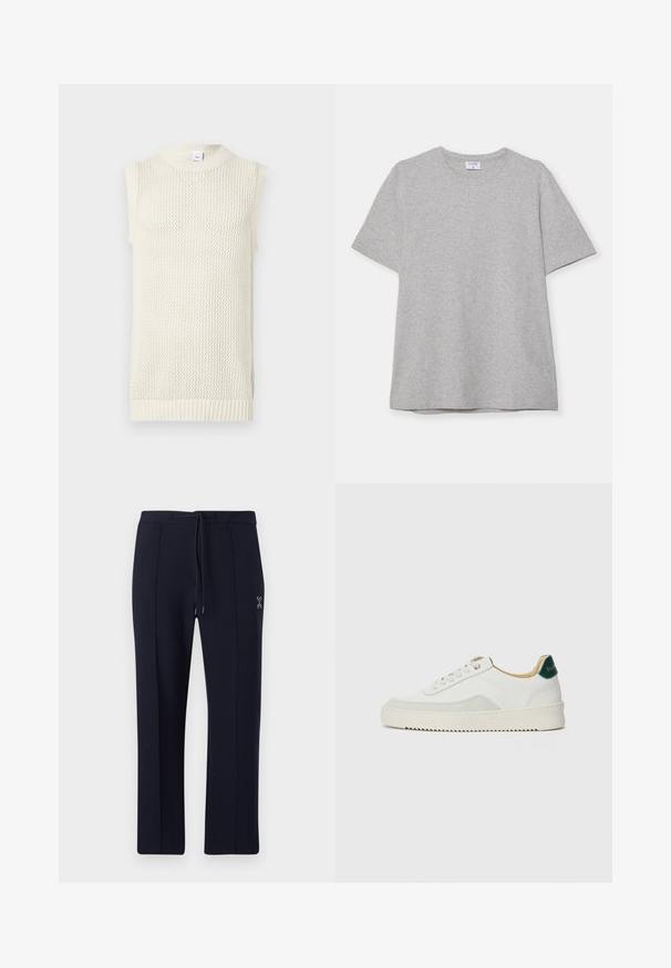 Bioružasta bezrukavna pletena majica s teksturiranim mrežastim uzorkom i rebrastim rubom. Ima visoki ovratnik i opušteni kroj.; Siva majica s kratkim rukavima napravljena od mekane, teksturirane tkanine. Ima klasičan izrez oko vrata i ravni rub, prikladna za svakodnevno nošenje.; Mornarske hlače s opuštenim krojem, s pojasom na vezanje i bočnim džepovima. Glatka tkanina s suptilnim prednjim nabranjem i detaljem s logotipom.; Bijele tenisice s akcentima od antilopa, zaobljenim vrhom, ravnim vezicama i krem gumenim potplatom. Imaju zelenu oznaku na peti.