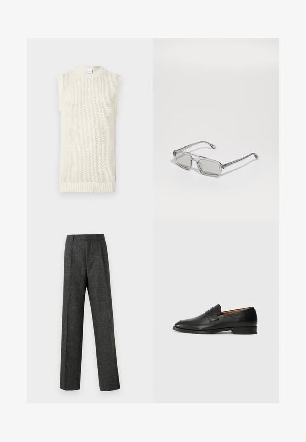 Kremowy bezrękawnik dzianinowy z teksturowanym siatkowym wzorem i prążkowanym wykończeniem. Posiada wysoki kołnierz i luźny krój.; Szare spodnie o dopasowanym kroju wykonane z teksturowanej tkaniny, z dwoma fałdami z przodu i prostymi nogawkami. Brak widocznych kieszeni i zdobień.; Czarne skórzane mokasyny z zaokrąglonym noskiem, subtelnymi przeszyciami i niskim obcasem, charakteryzujące się gładką teksturą i minimalistycznym designem.; Emporio Armani - Okulary przeciwsłoneczne