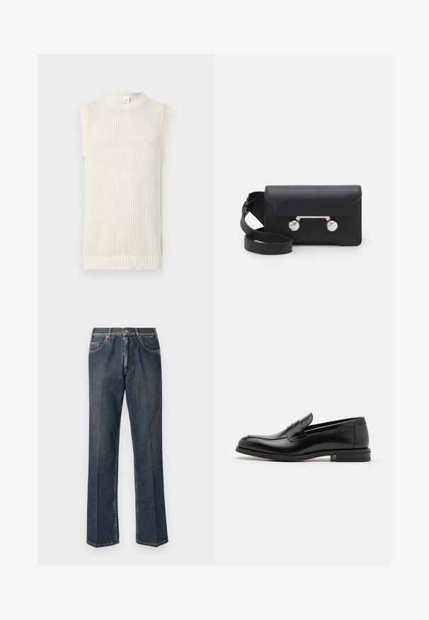 Cremfarbener ärmelloser Stricktop mit strukturiertem Mesh-Design und geripptem Saum. Verfügt über einen hohen Kragen und eine lockere Silhouette.; Dunkelblaue, gerade Jeans aus Denim mit vorderem Knopf, Reißverschluss, doppelten vorderen Taschen und sichtbaren vertikalen Falten entlang der Beine.; Schwarze Lederloafers mit glatter Textur, rundem Zehenbereich und einem dekorativen Riemen über dem Vorderfuß. Niedriger, gestapelter Absatz, minimalistisches Design.; Schwarze Leder-Umhängetasche mit Klappenverschluss, silberfarbener Hardware und zwei runden Akzenten. Verfügt über einen abnehmbaren Schulterriemen. Glatte Textur.