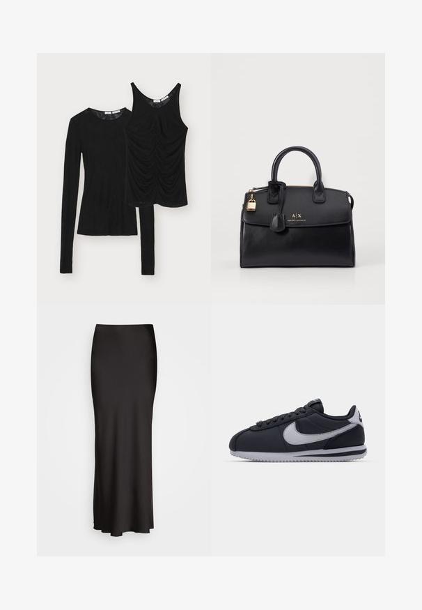 Two black tops are displayed: a long-sleeve crew neck and a sleeveless top with gathered detailing at the front. Both are made of soft fabric.; White cotton t-shirt with short sleeves, round neckline, relaxed fit, and stitched hem. Label visible on the inside neck.; Black, floor-length satin skirt with a smooth texture, fitted waistband, and A-line silhouette, featuring no visible embellishments or patterns.; Black athletic shoe with gray accents, smooth synthetic upper, textured sole, rounded toe, and flat laces. Classic design with logo detail.; Black leather handbag with a structured shape, gold hardware, and a lock detail. Features dual top handles and embossed branding on the front.