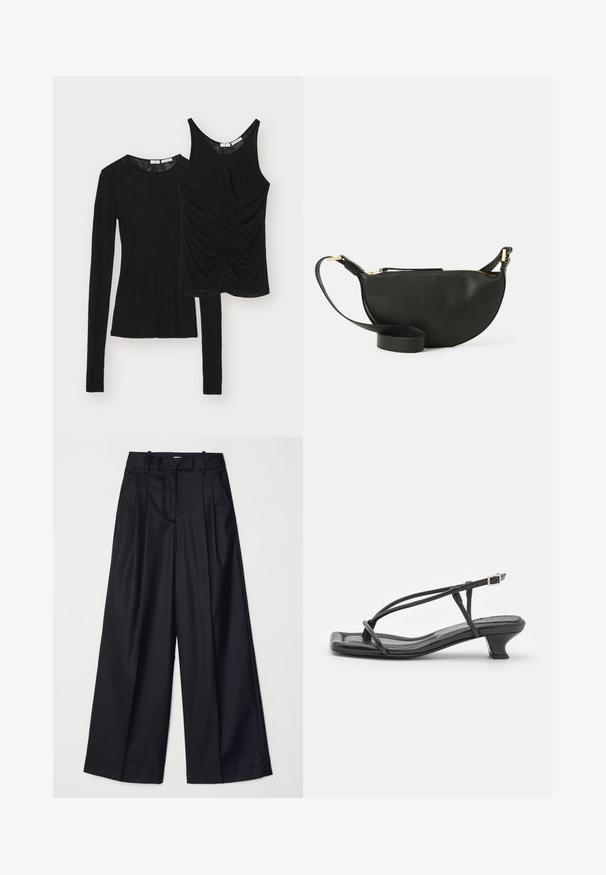Two black tops are displayed: a long-sleeve crew neck and a sleeveless top with gathered detailing at the front. Both are made of soft fabric.; Black wide-leg trousers made of smooth fabric, featuring a high waist, pleats, and a tailored design. Simple black hardware at the waist.; Black leather sandal with thin straps, low block heel, and square toe. Features a buckle closure and smooth texture.; Black leather crossbody bag with half-moon shape, textured surface, gold zipper, and a flat strap. Compact design suitable for essentials.