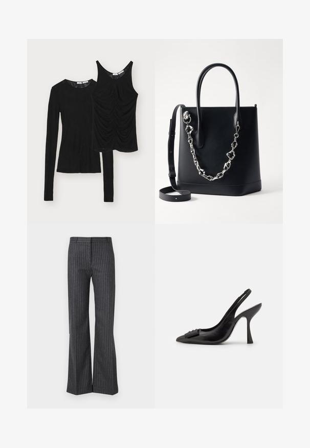 Demonstruojami du juodi viršūnės: ilgomis rankovėmis mėlyna ir be rankovių viršūnė su surinktu detalizavimu priekyje. Abu pagaminti iš minkštos medžiagos.; Pilkos plačios kelnes, pagamintas iš tekstūruotos medžiagos su plonomis vertikaliomis šviesiai baltomis juostelėmis, su standartiniu juosmeniu ir priekinių kišenių.; Juoda odinė slingback tipo avalynė su smailiu pirštu, siauru aukštu kulnu ir dekoratyvine kaspino akcentu. Lygi tekstūra ir elegantiškas dizainas.; Juodos odos rankinė su struktūrizuotu dizainu, su sidabriniu grandinės akcentu ir dviem rankenomis. Yra nuimama odinė petneša.