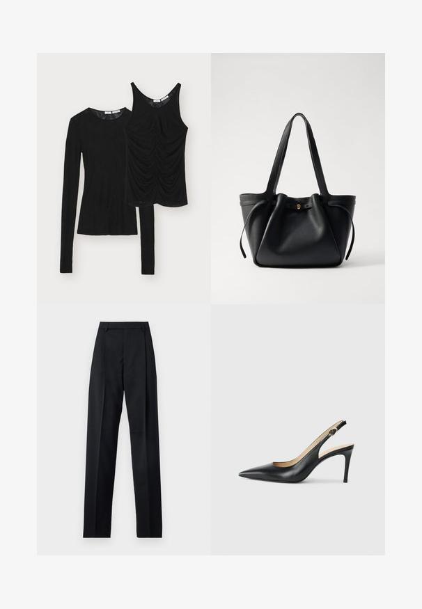Två svarta överdelar visas: en långärmad crew neck och en ärmlös topp med rynkade detaljer framtill. Båda är gjorda av mjuk tyg.; Svarta byxor i mjukt tyg med hög midja, vida ben, framfickor och klassiska bältesöglor. Inga sidofickor synliga.; Svarta läder slingback-högklackade skor med spetsig tå, justerbar rem och en smal stilettklack, med en slät finish.; Svart läder tote-väska med två långa remmar, dragsko upptill och en guld cirkulär detalj. Slät yta med en minimalistisk design.