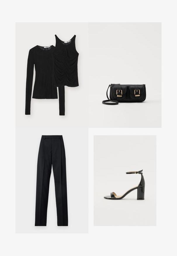 Kaks musta toppi on välja pandud: pika varrukaga ümar kaelus ja ilma varrukateta topp, millel on kogutud detailid ees. Mõlemad on valmistatud pehmest kangast.; Mustad püksid siledast kangast, millel on kõrge vöökoht, laiad jalad, esimesed kortsud ja klassikalised vööloopid. Küljepockets pole nähtavad.; Must musta nahk sandaalid laia kanna, avatud varvaste ja ankletihaga, millel on kuldne pandla. Sile tekstuur ja elegantne disain.; Must küllastamata nahast õlakott, millel on kaks esist nähtavat taskut, kuldsed pandlad, tõmblukuga sulgemine ja peen rihm. Tekstuuriga pind ja kompaktne ristkülikukujuline kuju.