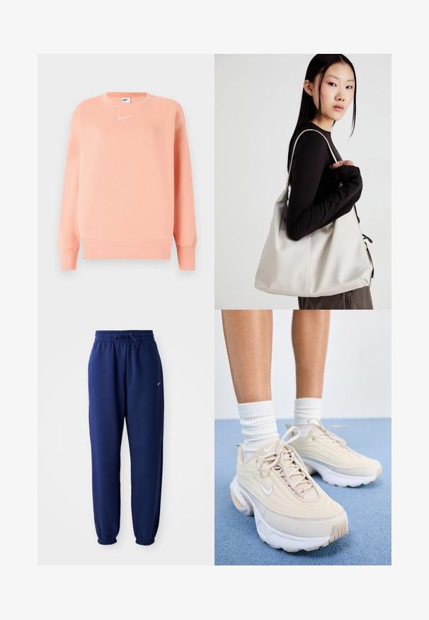 Rózsaszín pulóver bordás dekoltárral és mandzsettákkal. A mellkasán kis fehér Nike logó található. Puha anyagból készült, laza fazonú.; Navy kék sportnadrág puha anyagból, elasztikus derékpánttal és zsinórral, elasztikus mandzsettákkal és egy kis fehér logóval.; Beige színű sportcipők, textúrázott felsőrészel, fehér fűzőkkel és vastag fehér talppal. A dizájn finom íveket és egy kis logót tartalmaz.; Puha anyagból készült bézs kézitáska, laza dizájnnal, varrott részletekkel és két vállpánttal. Mindennapi használatra alkalmas.