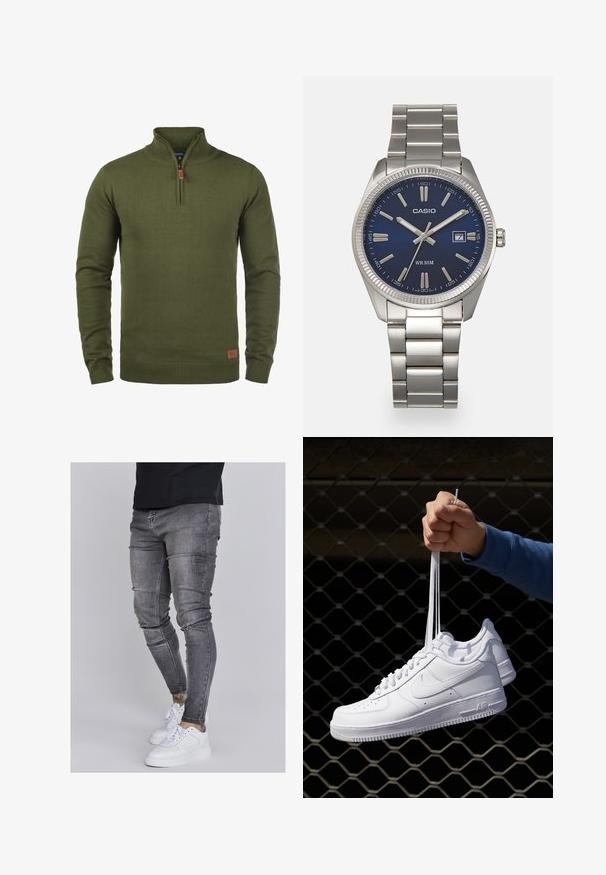 Olivgrön ziptröja i stickad kvalitet. Har ribbade muddarn och nederkant, med en liten läderlapp på den nedre sidan.; Smala jeans i blekt grå denim, med slitna detaljer vid knäna, kombinerat med vita sneakers. Slät struktur, slim fit-design.; Vita lädersneakers med perforeringar, rund tå, platt sula och tjocka snörning, med en synlig swoosh-logga och "AIR" på hälen.; Snygg klocka i silverfärgad rostfritt stål med en marinblå urtavla, metalliska timmarkörer och en datummarkering vid klockan tre. Vattentålig ner till 50 meter.