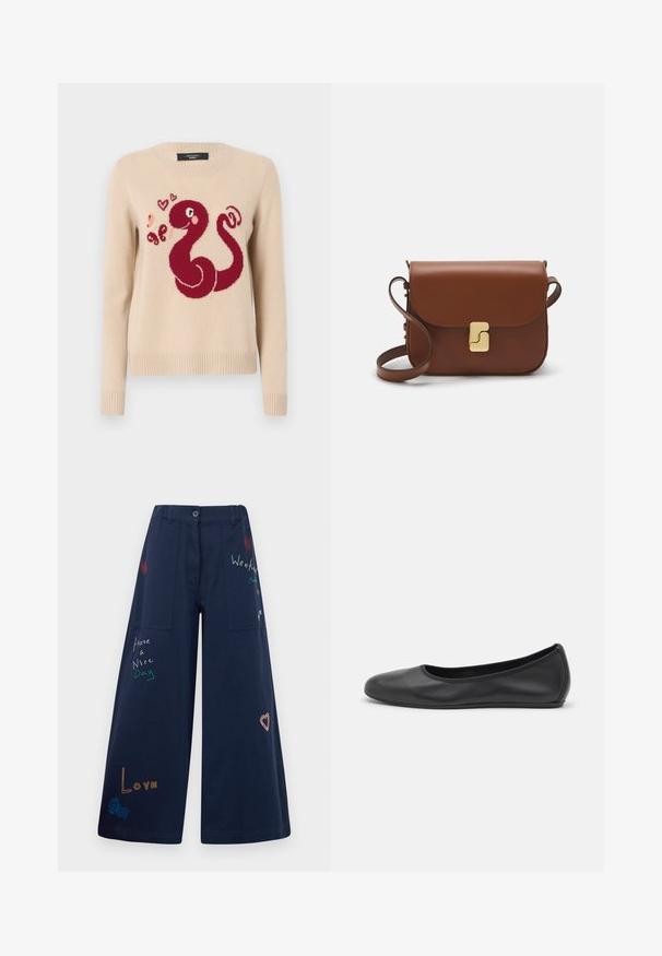 Beige Pullover mit einem roten Oktopusdesign und Herzen, gestrickte Textur, gerippte Bündchen und Saum sowie einem runden Ausschnitt.; Navyblaue weite Baumwollhosen mit mehreren Taschen. Enthält farbenfrohe gestickte Texte und Grafiken, darunter Herzen und verspielte Phrasen.; Schwarze Leder-Ballettschuhe mit abgerundeter Spitze, glatter Textur, minimalen Nähdetails und einem flexiblen Sohlen-Design.; Braune Ledertasche mit Klappenverschluss, Beschlägen in Goldfarbe, einem Schultergurt und einer glatten Oberfläche. Kompakte rechteckige Form.