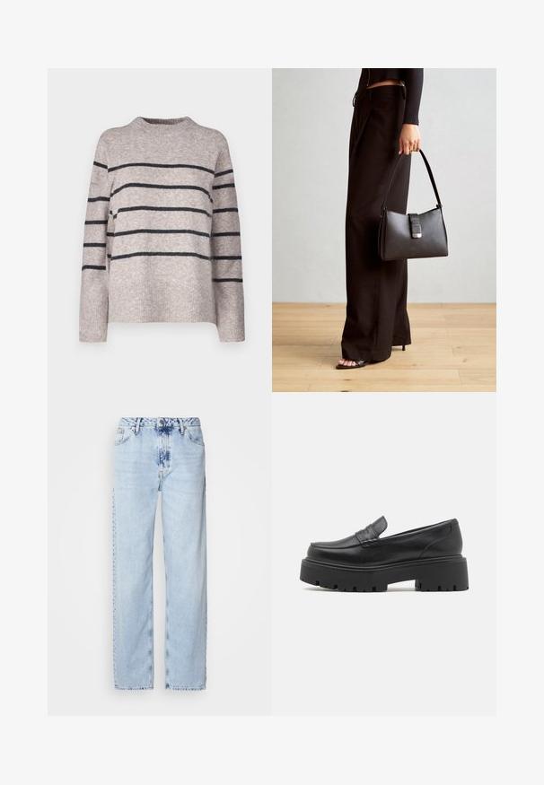 Vero Moda Tall VMFLAWLESS - Džemper - silver/dark grey; Heledad sinise värvi laiad teksad, mis on valmistatud denimist, kõrge vöökoht, pleekinud pesu ja peen tie-dye muster ettepoole.; Mustad mustad nahast loaferid madala, tükkidega kummitaldaga, ülaosas tikitud detailide ja siledaga tekstuuriga.; Must musta kott, millel on struktureeritud kuju, sile tekstuur ja metallist klamber. Kombineeritud laiate mustade pükstega ja avatud varvaste sandaalidega puidust põrandal.; Hõbedased rõngaskõrvarõngad, millel on sile ja läikiv pind. Ümar kuju, kerge disain, millel on post-tagumise kinnituse süsteem.