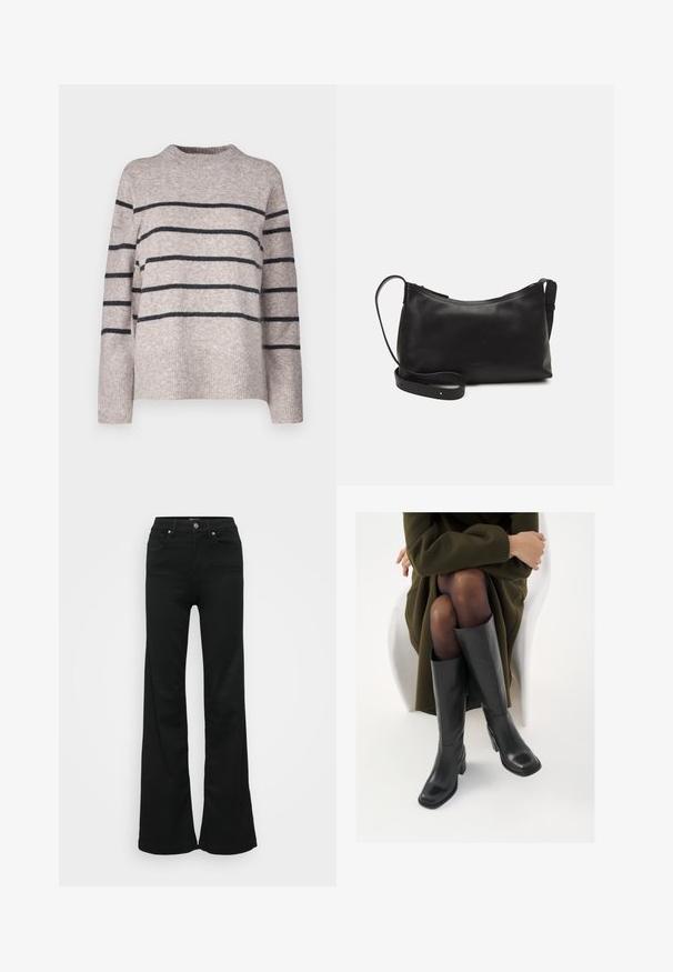 Vero Moda Tall VMFLAWLESS - Pullover - silver/dark grey; Jean noir évasé en denim, doté d'une taille haute, de cinq poches et d'une fermeture à bouton en métal. Texture lisse avec un minimum de détails.; Bottes en cuir noires arrivant au genou, avec un bout carré et un talon carré, présentées sur un modèle assis dans un manteau vert olive. Texture lisse, détails minimaux.; Sac à épaule en cuir noir avec une texture lisse, une forme courbée, une bandoulière ajustable et une fermeture éclair. Design minimaliste sans embellissements.