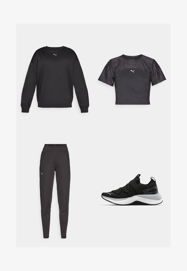 Sudadera negra con cuello redondo y mangas largas. Presenta un tejido suave, puños acanalados y un pequeño logo blanco de Puma en el pecho.; Camiseta corta negra con mangas cortas, que presenta un diseño elegante, un panel de encaje texturizado y un logo de Puma blanco en la parte frontal.; Leggings deportivos negros hechos de tela elástica, con una cinturilla alta, bolsillos laterales y un pequeño logo reflectante en el muslo izquierdo.; Zapato deportivo negro con parte superior texturizada, correas elásticas y una suela intermedia blanca gruesa. Presenta un acento gris a lo largo de la suela.
