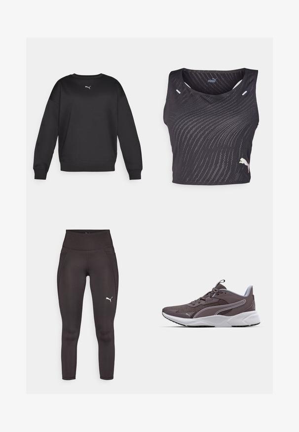 Felpa nera con scollo rotondo e maniche lunghe. Presenta un tessuto morbido, polsini a coste e un piccolo logo Puma bianco sul petto.; Top atletico senza maniche di colore nero con un motivo a onde testurizzato, piccoli fori per traspirabilità e un logo a contrasto sull'orlo.; Leggings atletici neri realizzati in un materiale elastico con vita alta, dotati di tasche laterali e un logo bianco sulla gamba sinistra.; Scarpa sportiva grigia con tomaia in rete, suola bianca e dettagli a contrasto. Presenta un sistema di allacciatura e una superficie testurizzata per una migliore aderenza.