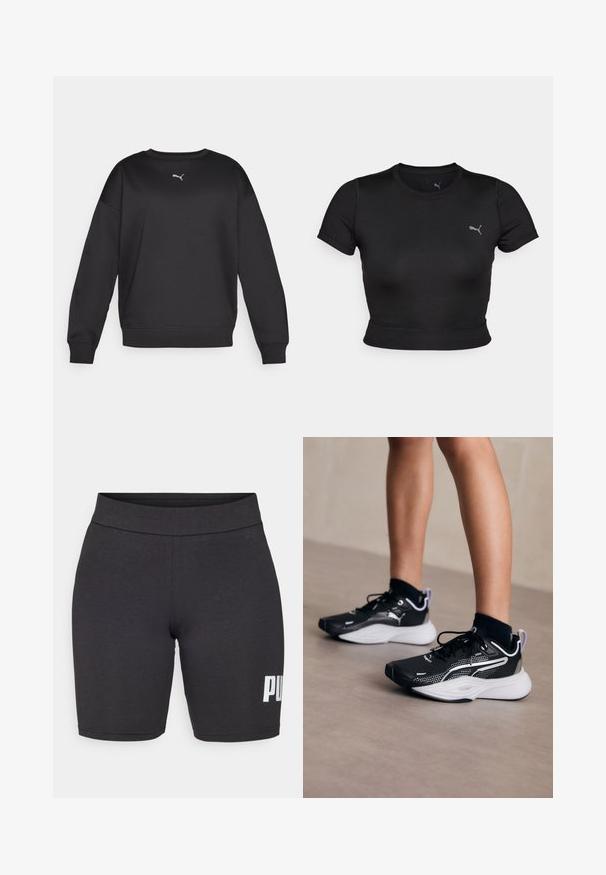 Felpa nera con scollo rotondo e maniche lunghe. Presenta un tessuto morbido, polsini a coste e un piccolo logo Puma bianco sul petto.; Top corto nero a maniche corte realizzato in materiale morbido e elasticizzato, con un logo discreto sul petto e un design aderente.; Pantaloni corti neri realizzati in materiale elasticizzato con vita alta, che presentano un logo bianco "PUMA" sulla parte bassa della gamba destra.; Scarpe sportive nere con accenti bianchi, tomaia in rete, lacci e tallone imbottito. Presentano una suola testurizzata per una maggiore aderenza.