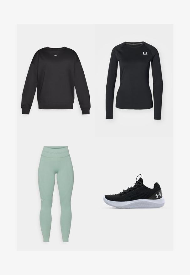 Felpa nera con scollo rotondo e maniche lunghe. Presenta un tessuto morbido, polsini a coste e un piccolo logo Puma bianco sul petto.; Maglietta sportiva nera a maniche lunghe realizzata in tessuto liscio, con scollatura tonda e un piccolo logo bianco sul lato sinistro del petto.; Leggings verde chiaro con un design aderente. Presentano una vita ampia e testurizzata e un sottile logo Under Armour sulla gamba inferiore.; Scarpe sportive nere con una tomaia in mesh traspirante, dettagli testurizzati e una suola in gomma bianca. Presentano lacci piatti e un passante sul tallone.