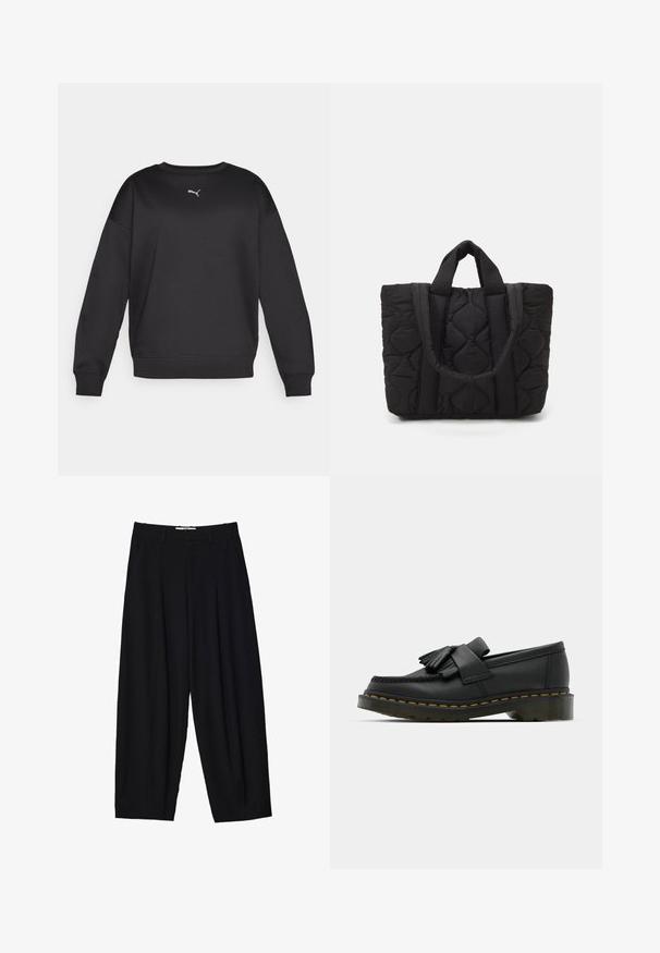 Černá mikina s kulatým výstřihem a dlouhými rukávy. Má měkkou tkaninu, žebrované manžety a malé bílé logo Puma na hrudi.; Černé široké kalhoty vyrobené z lehké tkaniny, s předními sklady, klasickým pasem a bočními kapsami. Hladký povrch.; Černé kožené mokasíny s kulatou špičkou, zdobené třásněmi a dekorativním pásem v přední části, umístěné na masivním podpatku.; Černá prošívaná taška s dvěma pevným uchy, která se vyznačuje texturovanou látkou s diamantovým vzorem pro odolnost a styl.