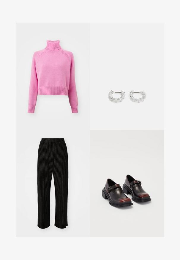 Rózsaszín kötött garbós pulóver, rövidített fazonnal, bordázott mandzsettákkal és szegéllyel, texturált felülettel és rakott ujjakkal.; Fekete, széles szárú nadrág fehér függőleges csíkozással, rugalmas derékkal a kényelem érdekében és sima, puha textúrával.; Bőr, blokksarkú cipők fényes, sötét burgundi színben, csatpánttal és lekerekített orral. Texturált talp a tapadásért.; Ezüst karika fülbevalók, átlátszó, téglalap és háromszög alakú kristályokkal, mintás elrendezésben. Biztonságos rögzítést biztosító fülbevaló pálcikák.