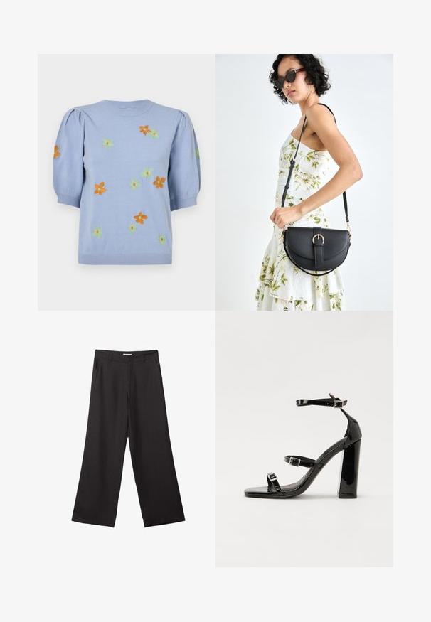 Helles blaues Strickoberteil mit kurzen Puffärmeln, das mit bunten gestickten Blumen in Orange, Grün und Gelb verziert ist. Rippbündchen am Hals und Saum.; Schwarze weite Hosen aus glattem Stoff, mit einem Reißverschluss vorne und zwei seitlichen Taschen, maßgeschneiderter Passform und minimalistischem Design.; Schwarze patentierte Sandalen mit Absatz, quadratischer Spitze, Knöchelriemen und silbernen Schnallen. Mit einem stabilen Blockabsatz für mehr Stabilität.; Schwarze Lederhandtasche mit geschwungener Form, abnehmbarem Tragegurt und goldenen Beschlägen. Die Tasche verfügt über einen Deckel mit einer Schnallen-Details.