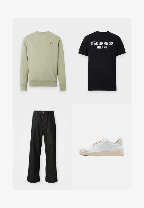 Felpa verde chiaro in cotone, con colletto tondo e maniche lunghe. Piccolo dettaglio ricamato a forma di testa di volpe sul lato sinistro del petto.; T-shirt nera a maniche corte con testo bianco "DSQUARED2 MILANO" centrato sul petto, collo rotondo e orlo dritto.; Jeans neri a gamba dritta con cuciture gialle, design a cinque tasche, chiusura con bottone e un piccolo etichetta rossa sulla tasca anteriore destra.; Sneaker bianco con tomaia in pelle liscia, lacci beige e linguetta sul tallone in suede beige testurizzato. Suola rialzata per un maggiore slancio.