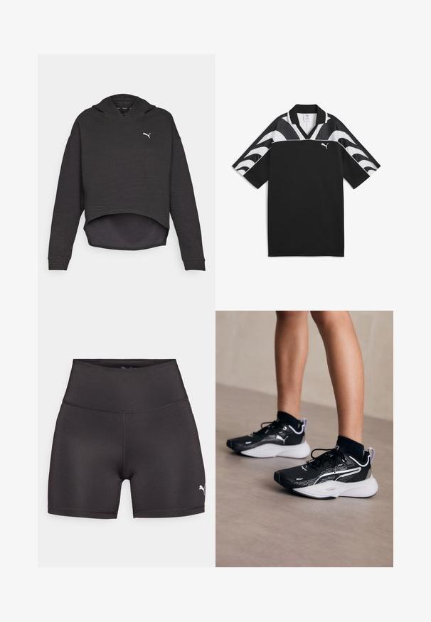 Crna skraćena majica s kapuljačom od teksturiranog materijala, s bijelim logotipom na prsima. Dugi rukavi i zaobljeni rub.; Crni sportski dres s V-izrezom, kratkim rukavima i bijelim valovitim uzorcima na gornjem dijelu. Ima mali bijeli logo sprijeda.; Crne atletske kratke hlače od glatkog, rastezljivog materijala. Visoki struk s ravnim šavovima i malim bijelim Puma logotipom sa strane.; Crne atletske cipele s bijelim detaljima, gornjište od mrežice, vezice i амортизирана peta. Imaju teksturirani potplat za prianjanje.