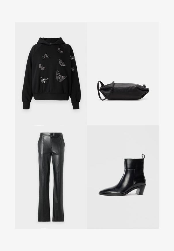 Čierna mikina s voľným strihom, ktorá má na prednej strane a rukávoch rôzne korálkové motýlie dizajny v odtieňoch striebornej a čiernej.; Čierne kožené nohavice s rovný fit, vysokým pásom, zipsovým zapínaním a viditeľnými švami pozdĺž švov. Hladká textúra.; Čierna kožená členková čižma s špicatou špičkou, geometricky tvarovaným podpätkom a pútkom na zadnej strane. Hladká textura a elegantný dizajn.; Čierna kožená kabelka s obdĺžnikovým tvarom, hladkým povrchom, tenkým popruhom na plece a minimalistickým dizajnom.