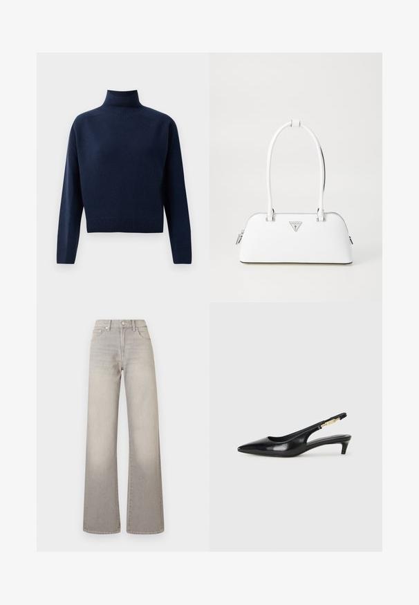 Pulover bleu marin, cu mâneci lungi și guler tip turtleneck, cu manșete, margine și guler cu dungi, expus pe un fundal alb simplu.; Jeans largi gri cu un finisaj decolorat, închidere cu buton, design cu cinci buzunare și detalii cusute pe cusături.; Sandale slingback din piele neagră cu vârf ascuțit, având un toc subțire și un accent de culoare aurie pe curea ajustabilă. Textură netedă.; Geantă de mână din piele albă, cu o formă curbată, prezentând un logo triunghiular argintiu și închidere cu fermoar. Textură netedă și mânere duble.