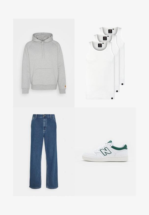 Grijze hoodie met een buidelzak, ribgebreide manchetten en onderkant, voorzien van een logopatch op de linker mouw. Zachte stofstructuur.; Drie witte geribde tanktops van katoen. Kenmerken zijn een ronde hals en kleine zwarte labels nabij de zoom. Verkrijgbaar in meerdere maten.; Blauwe spijkerbroek met een rechte snit, vijf-pocket ontwerp, metalen knoopsluiting en zichtbare stiksels langs de naden en de zoom.; Witte sneaker met groene accenten, leren bovenwerk, geperforeerde teen, vetersluiting en gestructureerde rubberen zool. Heeft een prominent "N"-logo.