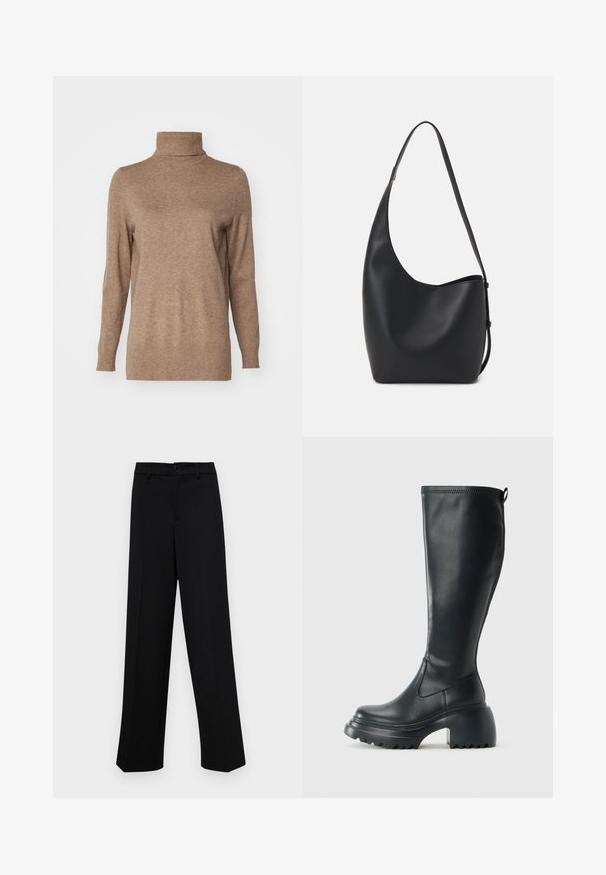 Pulover călduros de culoare maro, confecționat din material moale, cu mâneci lungi și detalii côtelate la guler și la tiv. Design clasic și simplu.; Pantaloni negri cu croi larg, dintr-un material neted, având un talie clasică cu închidere prin buton și plisuri frontale.; Cizme lungi din piele neagră cu talpă platformă masivă și tocul pătrat, având un tab de tragere și un model texturat pe talpa exterioară.; Geantă hobo din piele neagră, cu o textură netedă, formă curbată și un singur bretele ajustabil; are o deschidere largă în partea de sus.