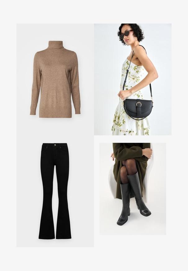 Brūns turtlenecks džemperis, kas izgatavots no mīksta auduma, ar garām piedurknēm un ribota akcenta kaklu un apakšmali. Klasisks un vienkāršs dizains.; Melni augsta jostas šorti ar pogu un rāvējslēdzēju, priekšējām kabatām un izplestām kājām, nolikti uz balta fona.; Ceļgalu augstuma melni ādas zābaki ar kvadrātu purngalu un bloku papēdi, attēloti modelī, kurš sēž olīvu zaļā mētelī. Gluda tekstūra, minimāla apdare.; Melnas ādas rokassoma ar izliekta formu, noņemamu siksnu un zelta aksesuāriem. Somai ir vāciņš ar sprādzes detaļu.; Sudraba riņķa auskari ar elegantu, apaļu dizainu, kas izceļas ar gludu virsmu un bez redzamām rotājumām. Diametrs netiek norādīts.