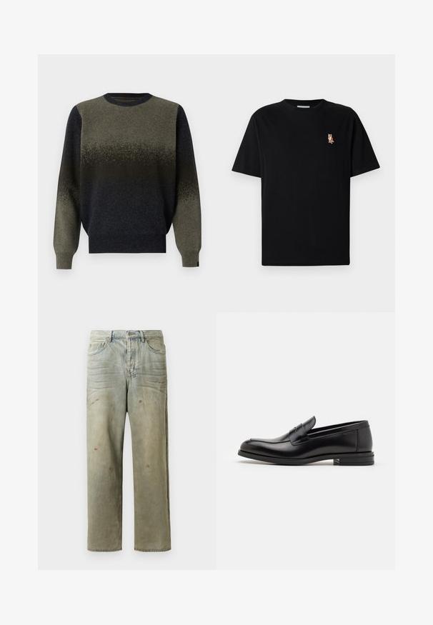 Maglione lavorato a maglia con un design a gradiente, che passa da un verde scuro a nero. Collo e polsini a coste, texture morbida.; Maglietta nera a maniche corte con colletto tondo, con un piccolo logo ricamato di una volpe arancione a sinistra sul petto.; Jeans in denim strappato di colore verde chiaro, con gamba dritta, design a cinque tasche, sbiaditure irregolari e schizzi di vernice.; Mocassini neri in pelle con una texture liscia, punta arrotondata e una striscia decorativa sulla tomaia. Tacco basso impilato, design minimalista.