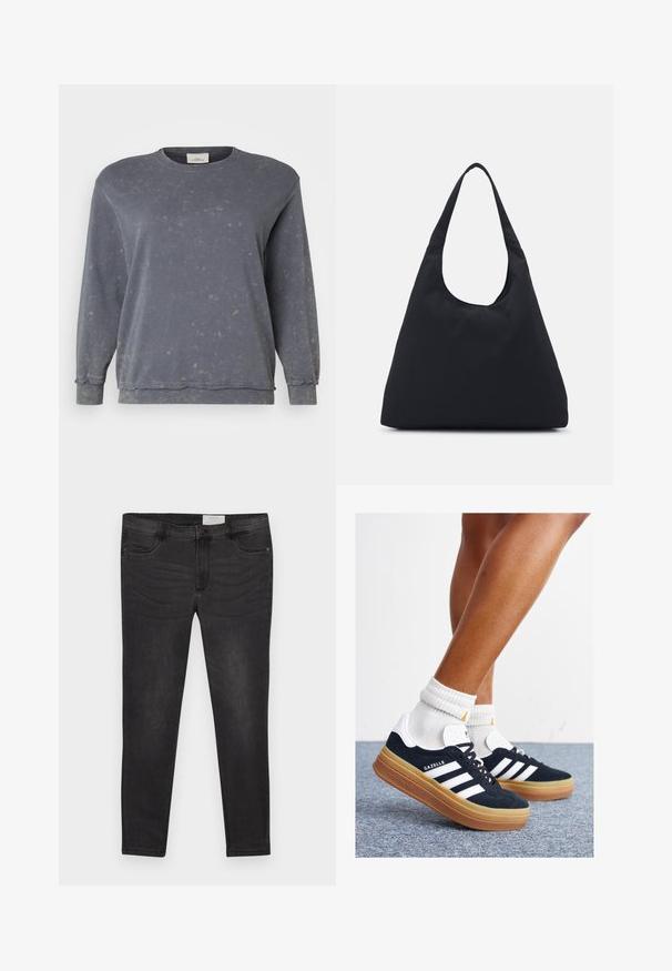 ONLY Carmakoma CARLEONI LIFE O NECK - Ikdienas džemperis - thunderstorm washed; Melni džinsi ar šauru piegriezumu, ar pogu aizdare, jostas cilpiņām un priekšējiem kabatām. Gluda tekstūra ar maigu izbalēšanu.; Melnas zamšādas sporta kurpes ar baltām svītrām un akcentiem, apaļa purngala daļa, gumijas zole, kopā ar baltām ribotām sporta zeķēm.; Melnas auduma soma ar vienu, platu plecu siksnu. Mīksta, pusstrukturēta forma un gluda tekstūra; minimāls dizains, bez redzamiem piederumiem.; Zelta auskari ar gludu, noapaļu dizainu un spīdīgu apdari. Viegls izpildījums ar drošu aizdari.